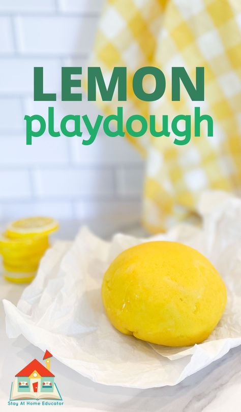 This lemon playdough recipe will awaken all the senses! The base is a classic cooked playdough recipe, but since it has a few add-ins it make it a lemon scented playdough, it smells just like summer! This homemade playdough recipe is quick and easy, and if you're a novice at making homemade playdough, this is a good recipe to start with. It is soft and smooth with just the right amount of pull, and the citrusy scent will keep your little ones playing for hours this summer. Playdough Learning Activities, Kool Aid Play Dough Recipe, Koolaid Playdough, Recipe Lemonade, Scented Playdough, Cooked Playdough, Edible Playdough, Scented Play Dough, Cooking Theme