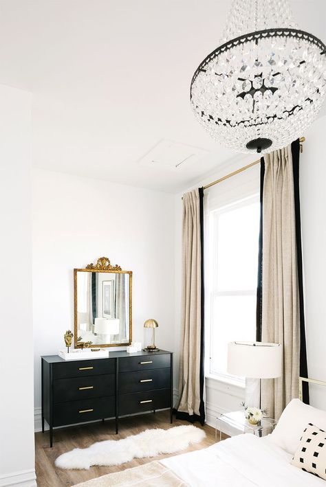 Chic bedroom design in a Paris style townhouse with a neutral palette of white, beige, black, and gold and a mix of antique and modern decor - Bedroom Ideas Black Dresser, Chic Spaces, Ideas Hogar, Elegant Bedroom, Simple Bedroom, Chic Bedroom, White Bedroom, Wall Color, My New Room