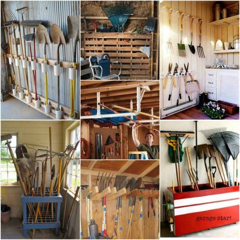 Many types of storage options are available for long handled tools. All you need to do is look at creative ways to store shovels, rakes, and vertical gear. Rake Storage Ideas, Rake Storage, Types Of Storage, Storing Garden Tools, Garden Tool Rack, Tool Hangers, Garden Tool Organization, Garage Storage Solutions, Tool Storage Diy