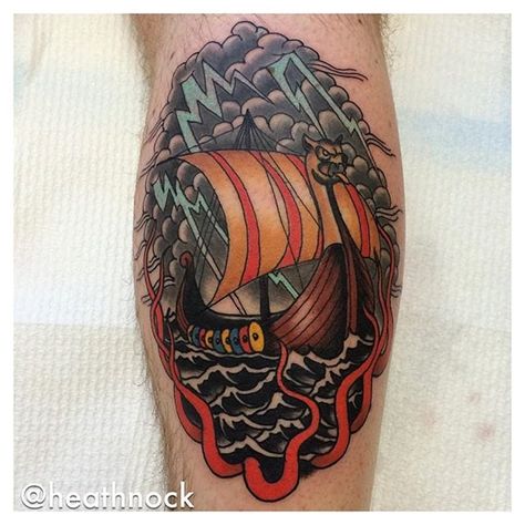 Tattoo uploaded by Robert Davies | Viking Ship Tattoo by Heath Nock | 1231728 | Tattoodo Viking Ship Tattoo, Ship Tattoos, Grandpa Tattoo, Bow Tattoo Designs, Scandinavian Tattoo, Viking Ships, 12 Tattoos, Pirate Tattoo, Girls With Sleeve Tattoos