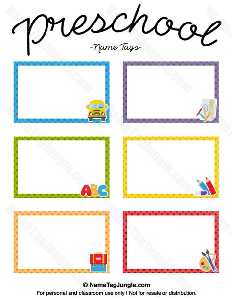 Free printable preschool name tags. The template can also be used for creating items like labels and place cards. Download the PDF at http://nametagjungle.com/name-tag/preschool/ Name Tag Design Template, Kindergarten Name Tags, Locker Name Tags, Preschool Name Tags, School Name Tags, Cubby Name Tags, Tag Template Free, Cubby Tags, Kindergarten Names