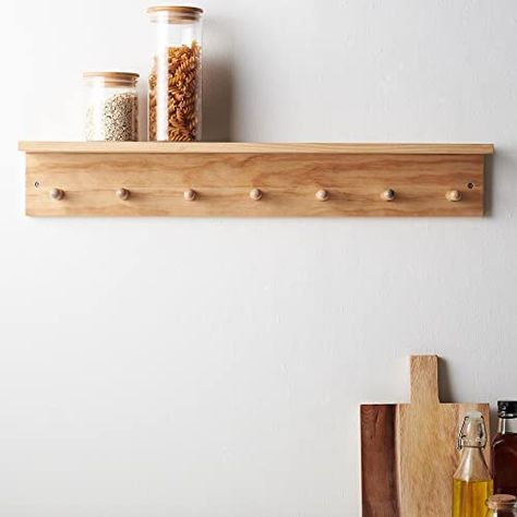 Wooden Storage Shelves, Wall Shelf With Hooks, Displaying Photos, Shelf With Hooks, Pine Shelves, Ledge Shelf, Floating Wall Shelf, Wooden Wall Hooks, Coat Rack Shelf