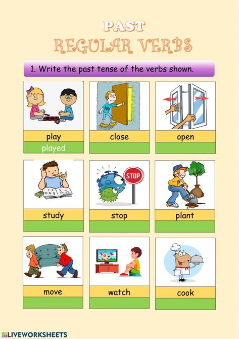 Past tenses online worksheet for Primary. You can do the exercises online or download the worksheet as pdf. Past Tenses, Regular Past Tense Verbs, Verbs For Kids, Past Tense Worksheet, Verb Chart, Verb Practice, Verbs Activities, Regular And Irregular Verbs, Simple Present Tense