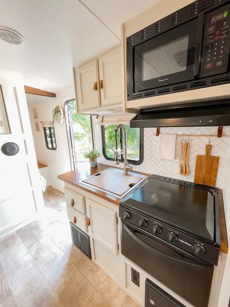 Unique DIY Updates Make this Class C Renovation Shine | RV Inspiration Rv Kitchen Ideas, Camper Kitchen Ideas, Rv Kitchen Cabinets, Rv Kitchen Storage, Updating Oak Cabinets, Rv Updates, Rv Kitchen Remodel, Rv Cabinets, Trailer Makeover