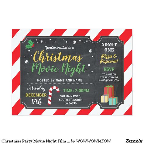 Christmas Movie Night Party, Christmas Movie Party, Christmas Party Movie, Party Movie Night, Movie Night Invitations, Christmas Pizza, Fun Invitation, Christmas Movie Night, Night Film