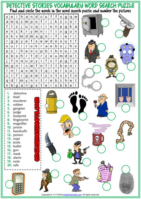 Detective Stories ESL Printable Word Search Puzzle Worksheet Ell Activities, Word Search Puzzles Printables, Puzzle Worksheet, Missing Letters, Detective Stories, Kid Detectives, Esl Vocabulary, Word Search Printables, Sequencing Activities