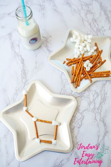 Marshmallow Constellations Space Craft for Kids | Jordan's Easy Entertaining Space Themed Snack Ideas, Outer Space Snacks For Kids, Star Themed Snacks, Space Treats For Kids, Outer Space Themed Snacks, Space Theme Snacks For Kids, Stargazing Snacks, Space Cooking Ideas For Kids, Outer Space Snacks