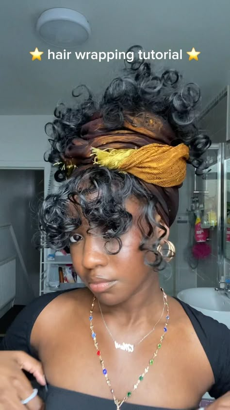 #SpringChallenge24 How To Style Afro Wig With Scarf, How To Style A Head Scarf With Braids, Ponytail With Headscarf, Long Curly Hair Headband, Cute Twisted Hairstyles, Stretched Styles For Natural Hair, Headwrap With Curly Hair, Wrap Curly Hair In Scarf, Natural Hair Updo With Scarf