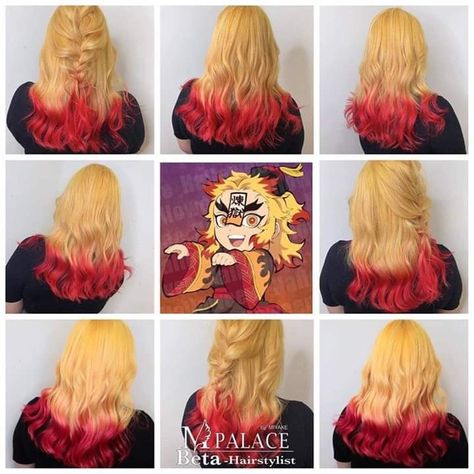 Demon Slayer Hair Color, Rengoku Hairstyle, Rengoku Hair, Kny Hair, Demon Slayer Hair, Anime Hair Color, Korean Hair Color, Dyed Hair Inspiration, Beautiful Hair Color