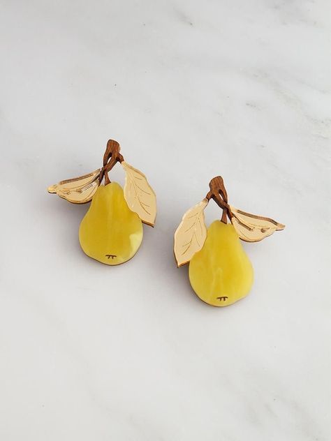 Overgrown Garden, Playful Jewelry, Pear Earrings, Wood And Acrylic, Fruit Jewelry, Fruit Earrings, Earrings Ideas, Statement Jewellery, Best Jewelry Stores