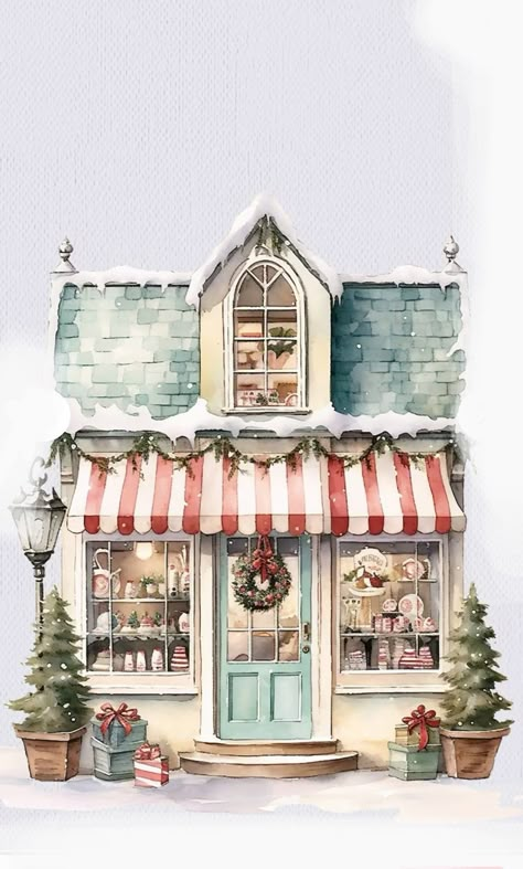 Christmas House Watercolor, Christmas Houses Illustration, Christmas House Drawing, Christmas Scene Drawing, Scene Drawing, Atv Riding, Christmas Memes, Christmas Artwork, Christmas Card Art