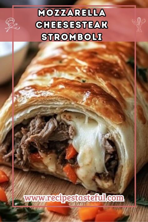 This Mozzarella Cheesesteak Stromboli combines the hearty flavors of grilled sirloin steak, sautéed vegetables, and gooey mozzarella cheese, all wrapped in a golden pizza dough. Perfect for a family dinner or game day snack, this dish is as delicious as it is satisfying! Cheesesteak Stromboli Recipe, Cheesesteak Stromboli, Pizza Calzone Recipe, Grilled Sirloin Steak, Golden Pizza, Cheese Stromboli, Stromboli Recipe Easy, Grilled Sirloin, Stromboli Recipe