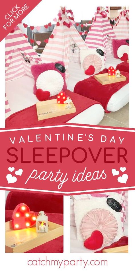 Don't miss this beautiful Valentine's Day slumber party! The teepees are so much fun! See more party ideas and share yours at CatchMyParty.com Valentine Slumber Party, Valentine Sleepover, Activities For Birthday Parties, Baby Showers Boy, Dessert Tables Birthday, Activities For Birthday, Sleepover Party Ideas, Boy Baby Showers, Girl Baby Showers