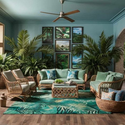 10 Ways to Embrace Tropical Home Decor Style - ostrali.com Tropical Ceiling, Carribean Decor, Hawaiian Living Room, Jungle Home Decor, Tropical Office, Tropical Home Design, Tropical Boho, Jungle Living Room Decor, Tropical Room