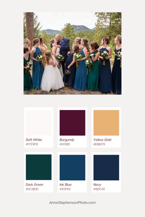 Hunter Green Navy Blue Color Schemes, Red Green Navy Gold Wedding, Navy Burgundy Gold Emerald Wedding, Navy And Maroon Color Palette, Dark Jewel Tone Wedding Color Palette, Dark Blue Green Yellow Color Palette, Jewel Tones Branding, Navy Emerald Gold Wedding, Jewel Tone Color Palette Wedding