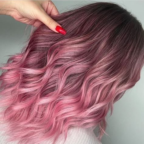 Brunette Hair With Pink Ends, Dark Roots Pink Hair Balayage, Balayage Hair Pink, Coloured Balayage, Pastel Pink Balayage, Pink Hair Balayage, Brown To Pink Balayage, Ombre Pink Hair, Bubblegum Pink Hair