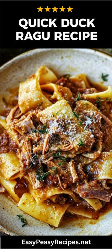 Looking for a comforting pasta dish that stands out from the usual? This quick and easy Italian Duck Ragu is the answer! With succulent duck meat simmered to perfection in a variety of herbs and spices, you can create a hearty and flavorful sauce that's perfect over your favorite pasta. Impress your family and friends with a recipe that's on the table in just 30 minutes! Whether it's for a weeknight dinner or a weekend gathering, this Duck Ragu dish brings everyone around the table for seconds. Get ready to savor each bite. Duck Confit Pasta, Duck Pasta, Chicken Ragu, Duck Ragu, Ragu Pasta, Italian Soups, Vegan Jambalaya, Stews And Casseroles, 15 Bean Soup