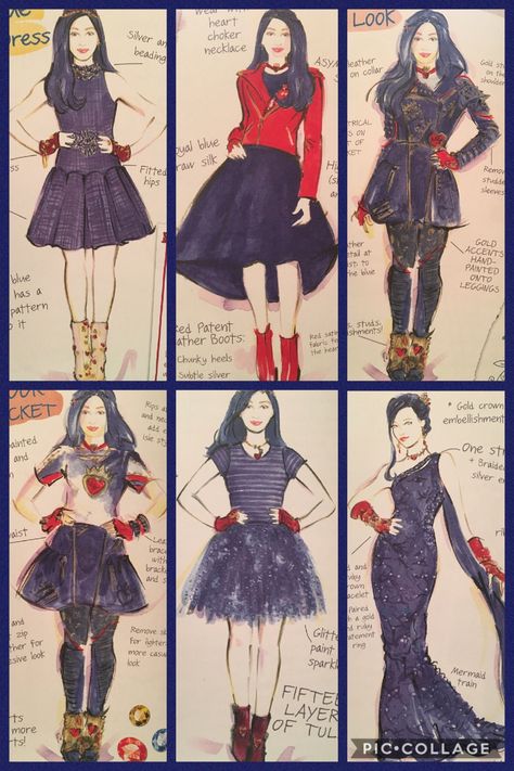 Evie's Descendants 2 evolution (outfits designed by Evie) Descendants Fashion, Disney Descendants Costume, Evie Costume, Evie Descendants, Descendants Costumes, Disney Descendants Movie, Descendants Characters, Descendants Party, Disney Channel Descendants