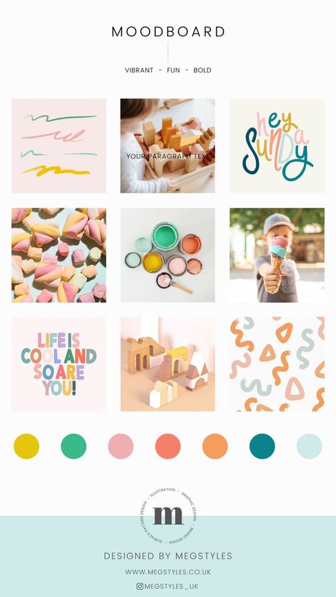 Fun Vibrant Branding, Kindergarten Instagram Design, Brand Identity Moodboard Design Inspiration, Fun Colorful Branding, Daycare Branding Ideas, Kids Colour Palette, Bold Color Palette Brand Identity, Children Color Palette, Mom Branding