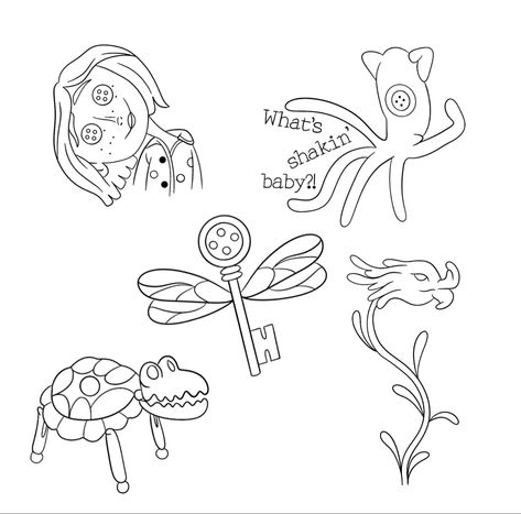 Coraline Small Tattoo, Fine Line Coraline Tattoo, Coraline Flash Sheet, Edgy Flash Tattoos, Dragon Snappers Flower Coraline Tattoo, Coraline Fine Line Tattoo, Coraline Line Art, Easy Coraline Drawings, Coraline Drawing Ideas