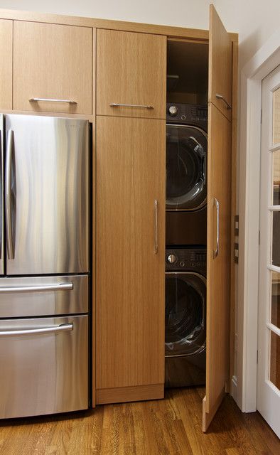 Dryer In Kitchen, Laundry In Kitchen, Washer Dryer Kitchen, Stackable Washer And Dryer, Built In Cabinet, Kitchen Redesign, Farmhouse Laundry Room, Laundry Room Inspiration, Tile Countertops