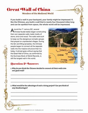 Fourth Grade Reading & Writing Worksheets: Great Wall of China Asia Activities, China Facts, Summer School Crafts, 3rd Grade Social Studies, History Worksheets, World History Lessons, 6th Grade Social Studies, Greek Architecture, Homeschool Geography