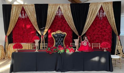 Red And Gold Quince Backdrop, Charro Quinceanera Main Table, Main Table Quinceanera Red And Gold, Red Black Gold Quinceanera Decorations, Gold Quince Decorations, Quinceanera Red Theme, Red And Black Quinceanera Theme, Quince Main Table, Red And Black Table Decorations