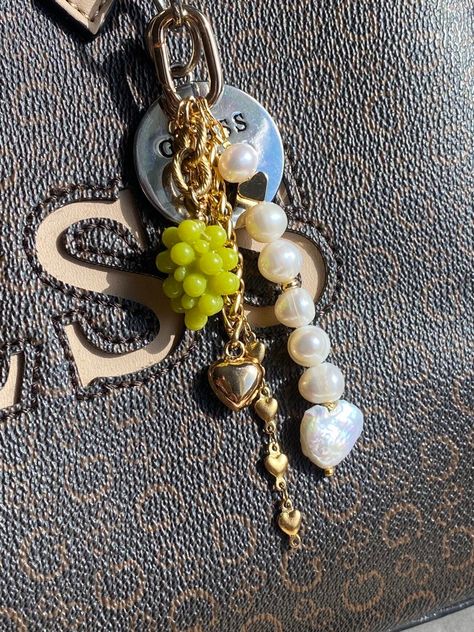 This piece of jewelry can be used as a bag charm, a keychain, or a decoration for any other item.  * Gold: Brass/copper/St.steel + 18K Gold plated * Platinum: Brass/copper + Rhodium plated or St. steel * Freshwater/Baroque pearls; Natural Quartz stones * No risk of allergy (nickel-free, lead-free, cadmium-free) * Full length: 11 cm * The shape and color of the stones and pearls may vary * Delivered with a cleaning cloth and a ready-to-gift jewelry storage pouch * FREE USAVEL GIFT BOX +50e GIFT A Charm Keychain Diy, Keychain Inspo Aesthetic, Beaded Bag Charm, Bag Charm Ideas, Bag Charms Aesthetic, Bag Accessories Keychain, Bag With Charms, Diy Bag Charm, Strawberry Bag