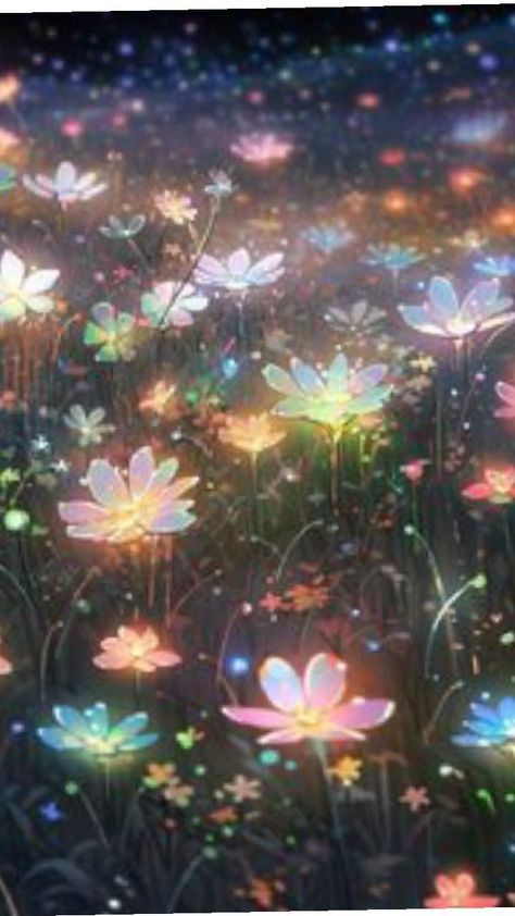 Cute Glowing Wallpapers, Glowing Flowers Art, Glowing Flowers Wallpaper, Glowing Flowers Aesthetic, Dreamy Art Wallpaper, Magical Plants Art, In The Night Garden Wallpaper, Night Garden Aesthetic, Wallpaper Plants Nature