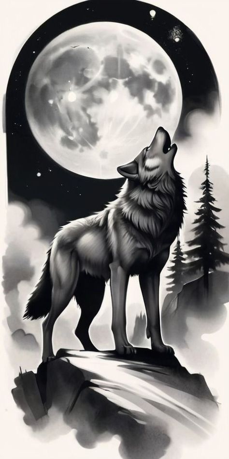 Wolf And Forest Tattoo Design, Wolf Moon Tattoo, Wolf And Moon Tattoo, Howling Wolf Tattoo, Moon Tattoo Design, Wolf Forest, Animal Texture, Wolf And Moon, Full Moon Tattoo