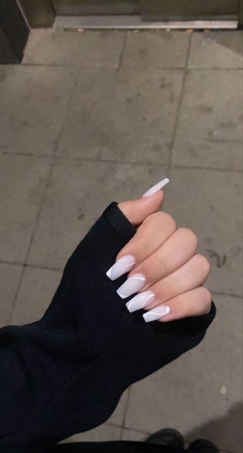 White Nails With Designs Ballerina, White Nail Designs Ballerina, White Nails White Design, Vacation Nails Ballerina Shape, White Ballerina Nails Design, Acrylic Nails With White Base, Milky White On White French Nails, Cute Nails Acrylic Coffin White, Trendy Nails Ballerina Short