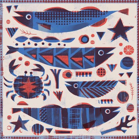 Gareth Lucas on Instagram: “Four fish and a crab in blue and red .... a fishy Wednesday afternoon halftone doodle... what?! ... .. . #illustrator #digitalart #fish…” Pine Illustration, Folk Art Fish, Fish Wrap, Wednesday Afternoon, Art Fish, Trendy Art, Fishing Decor, Red A, Fish Print