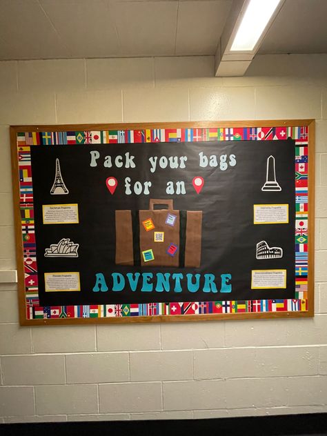 #studyabroad #reslife Traveling Bulletin Board, Study Abroad Bulletin Board, Adventure Themed Bulletin Boards, Ra Travel Theme Bulletin Boards, Travel Theme Bulletin Board, Adventure Awaits Bulletin Board, Adventure Bulletin Board, Travel Bulletin Boards, Staff Bulletin Boards