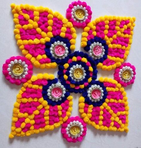 Pom Pom Rangoli Designs, Divali Decoration, Ready Rangoli, Designer Rangoli, House Office Decor, Diya Holder, Handmade Hamper, Bommala Koluvu, Flowers Rangoli