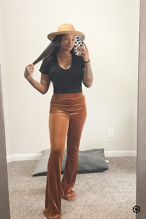 Cute fall orange bell bottoms Plaid Bell Bottoms Outfit, Brown Bell Bottom Jeans Outfit, Brown Corduroy Bell Bottoms Outfit, Tan Velvet Pants Outfit, Orange Velvet Pants, Courdory Bell Bottoms Outfit, Orange Velvet Pants Outfit, Tan Bell Bottom Pants Outfit, Burnt Orange Flare Pants Outfit