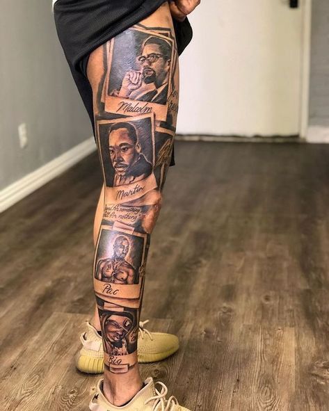 Arm Fill In Tattoos, Tattoo Men Thigh, Black Excellence Tattoo, Calf Sleeve Tattoo, Portrait Tattoo Sleeve, Black People Tattoos, Dark Skin Tattoo, Black Men Tattoos, Africa Tattoos