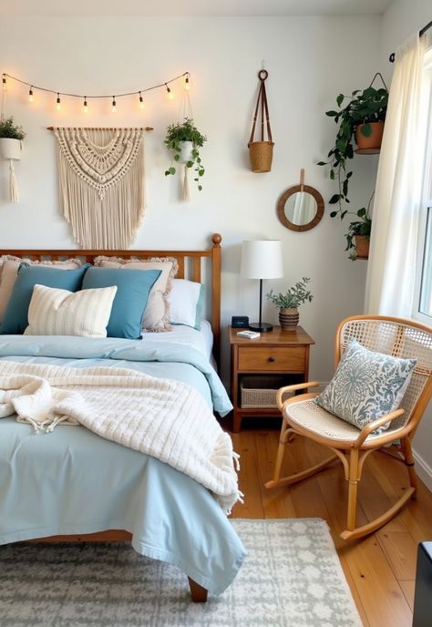 Light Blue Boho Bedroom Light Blue Boho Bedroom, Blue Boho Bedroom Ideas, Blue Boho Bedroom, Diy Wall Hangings, Bedroom Design Tips, Girls Blue Bedroom, Thrifted Furniture, Painted Planters, Boho Bedroom Design