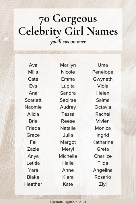 60 Pretty & Glamorous Hollywood-Inspired Baby Girl Names. Click through for the beautiful and unique celebrity girl names strong Hollywood actresses. Girl name aesthetic, celebrity names, unusual girl names Celebrity Girl Names, Unique Names For Girls, Girl Name Ideas, Unusual Girl Names, Girl Names Unique, Sims Names, Name Aesthetic, Exotic Baby Names, Name Girl