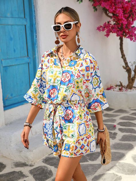 Women's Stylish Casual Everyday Romper Jumpsuit Multicolor Boho  Three Quarter Length Sleeve Woven Fabric Floral,Tribal,All Over Print Other Non-Stretch Summer Women Clothing, size features are:Bust: ,Length: ,Sleeve Length: Casual Everyday, Stylish Women, Jumpsuits For Women, Summer Women, Casual Chic, Woven Fabric, Women Clothing, Jumpsuit Romper, Style Casual