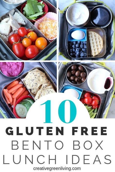 10 easy gluten free lunch ideas. These are all quick and healthy meals that are perfect for kids or for adults. Bring these simple bento box means to school, work or on the go. Sponsored. #creativegreenliving #glutenfree #bentobox #glutenfreerecipes #lunches #lunchideas #lunchboxideas #schoollunch #schoollunchideas #bentolunch #lunch #mealprep #backtoschool Gluten Free Bento Box Lunch, Easy Gluten Free Lunch Ideas, Gluten Free Lunch Ideas, Simple Bento Box, Gluten Free Picnic, Gluten Free School Lunches, Simple Bento, Bento Box Lunch Ideas, Box Lunch Ideas