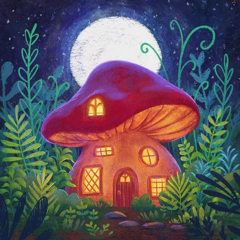 Mushroom House Painting Acrylic, Fairy House Painting, Mushroom House Painting, Mushroom House Art, Mushrooms Painting, Mushroom Nails, Egg House, Chair Painting, Nba Artwork