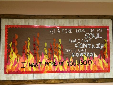 An original by MaryBeth and me...flames are construction paper, tissue paper, and streamers....not to mention lots of staples Fire Bulletin Board, Consuming Fire, Story Crafts, Bible Crafts Sunday School, Bullentin Boards, Church Bulletin Boards, Bible Story Crafts, School Doors, Church Bulletin