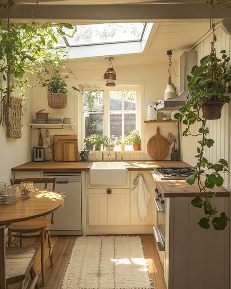 An English cottage kitchen brings warmth and charm with painted cabinets, floral patterns, and classic hardware. Perfect for anyone who loves a quaint, homey feel. #CottageKitchen #EnglishCharm Quaint Interior Design, Small Cottage House Aesthetic, English House Decor, Small Cottage Interior Design, Home Decor Ideas Cottage, Cottage Aesthetic House Interior, Kitchen Design Cottagecore, Cute Trailer Homes Interior, Cottage Living Aesthetic