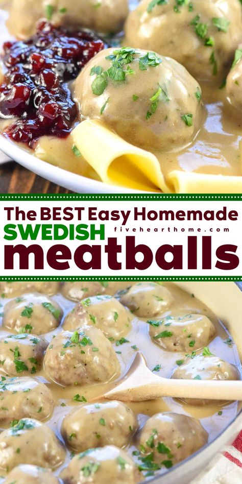 Swedish Meatballs are easy to make from scratch before baking in the oven and then simmering in a skillet of homemade Swedish meatball sauce for a delicious, family-pleasing dinner! Swedish Meatballs In Oven, What To Serve With Swedish Meatballs, Swedish Food Recipes Authentic, Homemade Swedish Meatballs Crockpot, Dom Deluise Meatballs, Lunch For College, Swedish Meatballs Sauce, Norwegian Meatballs, Swedish Meatball Sauce