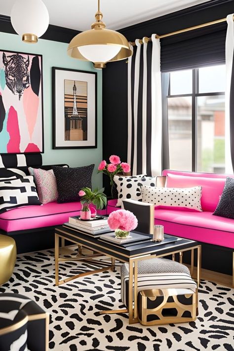 Kate Spade Living Room Ideas, Pink And Black Decor Interior Design, Modern Retro Apartment, Hot Pink And Black Living Room Ideas, Kate Spade Office Decor, Black And Pink Living Room￼, Glam Living Room, Office Room Decor, Pink Living Room