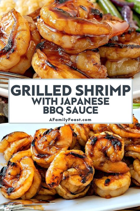 Grilled Shrimp with Japanese BBQ Sauce - A Family Feast Bbq Grilled Shrimp Recipes, Recipes That Use Japanese Bbq Sauce, Japanese Bbq Sauce Shrimp, Japanese Bbq Sauce Recipe Ideas, Japanese Bbq Recipes, Recipes With Japanese Bbq Sauce, Japanese Bbq Sauce Recipe, Bachan's Japanese Barbecue Sauce Recipes, Korean Bbq Shrimp