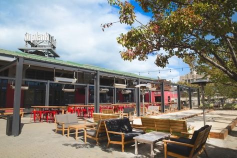 Have A Blast At An Adult Playground With Bowling And Yummy Food At Plank In Northern California Outdoor Beer Garden, Outdoor Restaurants, East Bay Area, Restaurant Patio, Chicago Restaurants, Outdoor Restaurant, East Bay, Beer Garden, Cool Bars