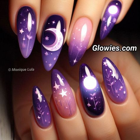 Ombre Moon Nails, Twilight Sparkle Nails, Cosmic Nail Art, Boogie Nails, Twilight Nails, Nail Galaxy, Pastel Goth Nails, Cosmic Nails, Monique Lula