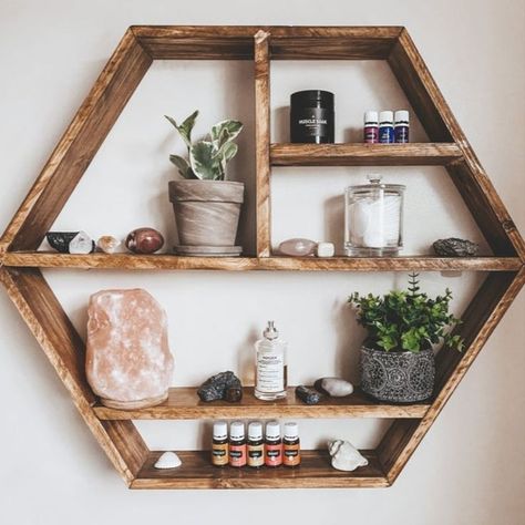 Witchy Shelves, Witchy Shelf, Shelf Hexagon, Styled Shelf, Shelf Aesthetic, Hexagon Wall Shelf, Crystal Storage, Crystal Room Decor, Oil Display