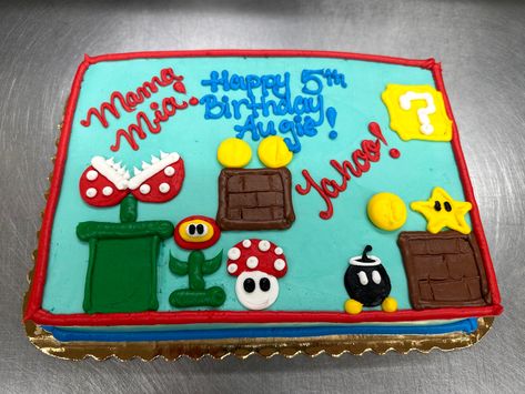 Super Mario Cookie Cake, Super Mario Sheet Cake, Mario Sheet Cake, Cute Cookie Designs, Cake Piping Designs, Fun Cake Ideas, Pretty Pastries, Cookie Cake Ideas, Officially One